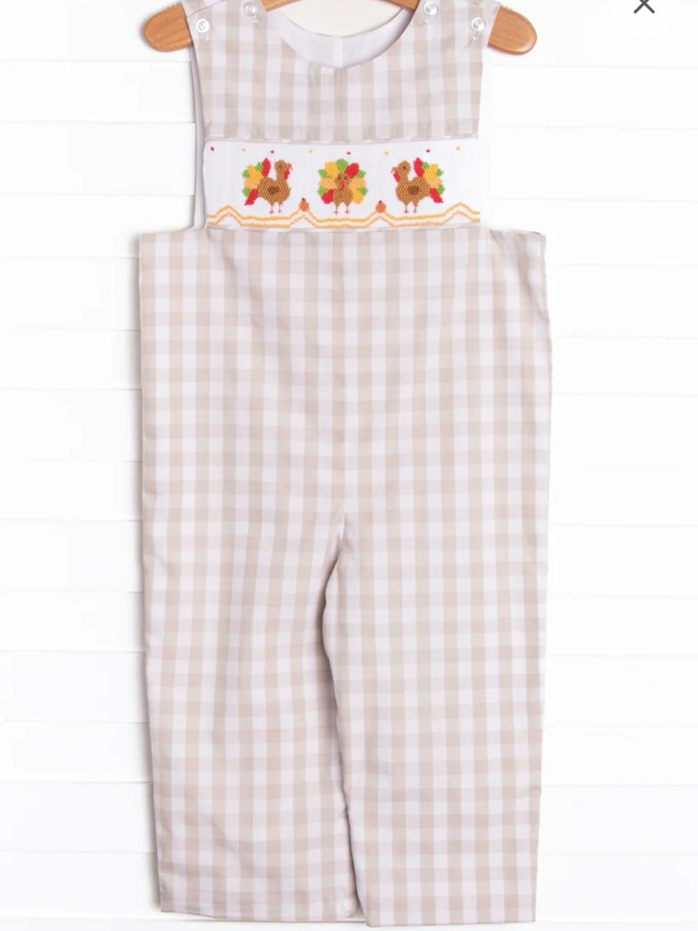 Stitchy Fish Beige Gingham Smocked One Peice with Embroidered Turkey Detail 12m